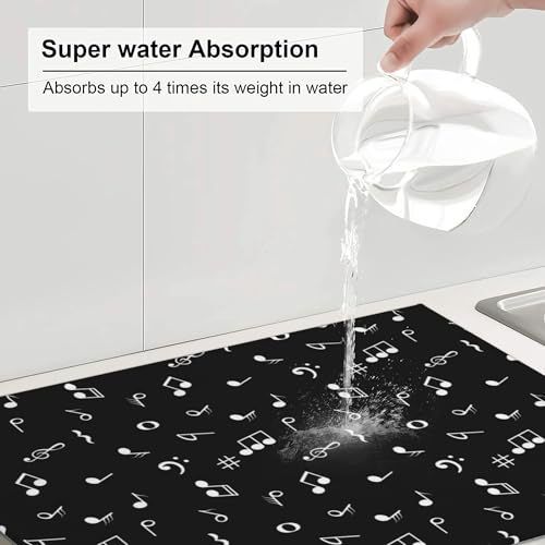 Music Notes Dish Drying Mat for Kitchen Counter Musicial Dish Drainer Rack Mats 16x18 Inches Absorbent Reversible Black Drying Pad