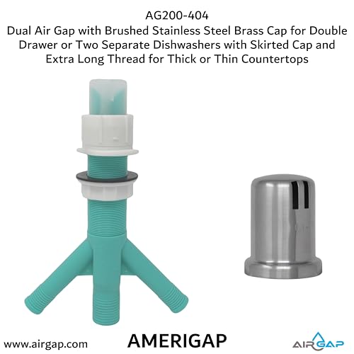 Dual Air Gap with Brushed Stainless Steel Brass Cap for Double Drawer or Two Separate Dishwashers with Skirted Cap and Extra Long Thread for Thick or Thin Countertops
