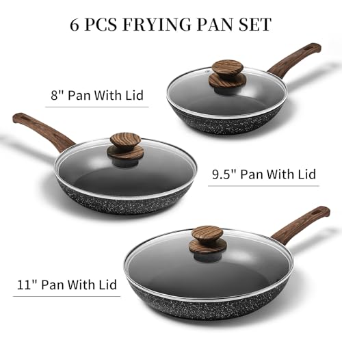 Nonstick Ceramic Frying Pans Skillets Set with Lid 8"+9.5"+11"