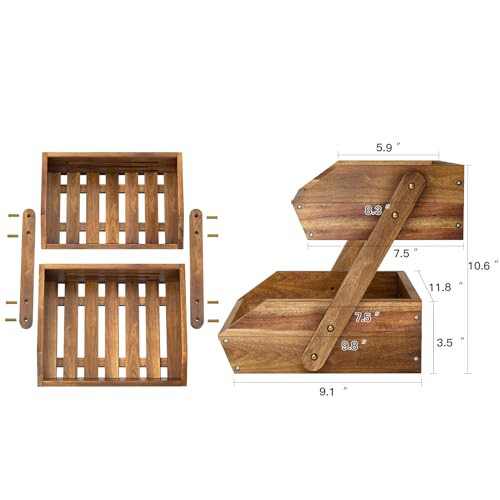 2 Tier Acacia Wood Fruit Basket for Kitchen