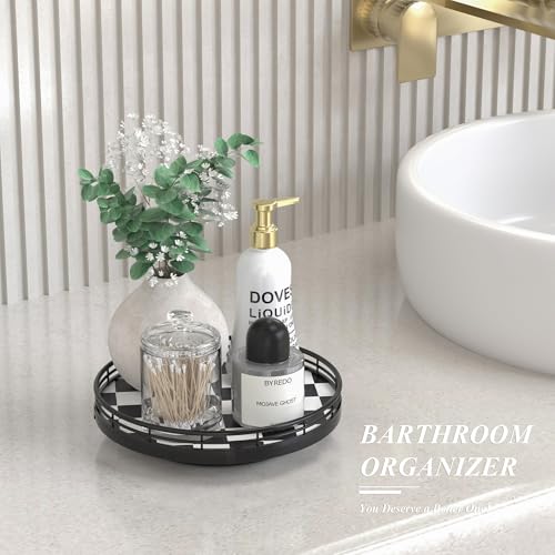 9 Inch Black and White Checkerboard Lazy Susan with Oak Base