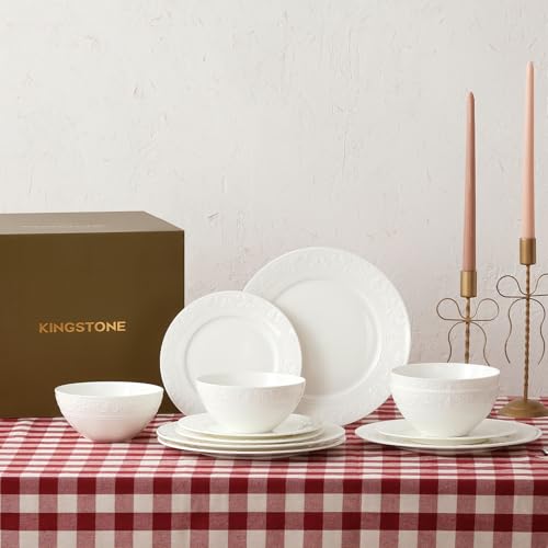 12Pcs Vintage Relief White Bone China Set