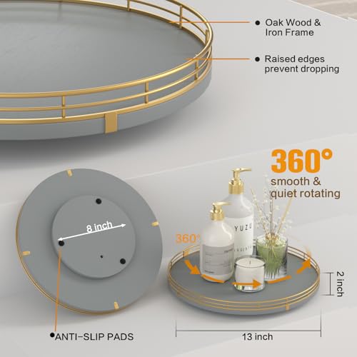 13 Inch Gray Wooden Lazy Susan Spice Organizer with Gold Rail