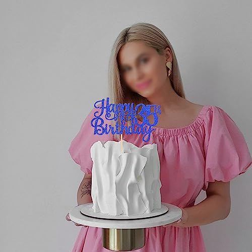 1 PCS Happy 35th Birthday Cake Topper Glitter Cheers to 35 Years Birthday Cake Pick Thirty Five 35 Fabulous Cake Decoration for Happy 35th Birthday Theme Party Decorations Supplies Blue