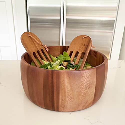 Woodard & Charles Acacia Wood 10" Salad Bowl with Salad Hands