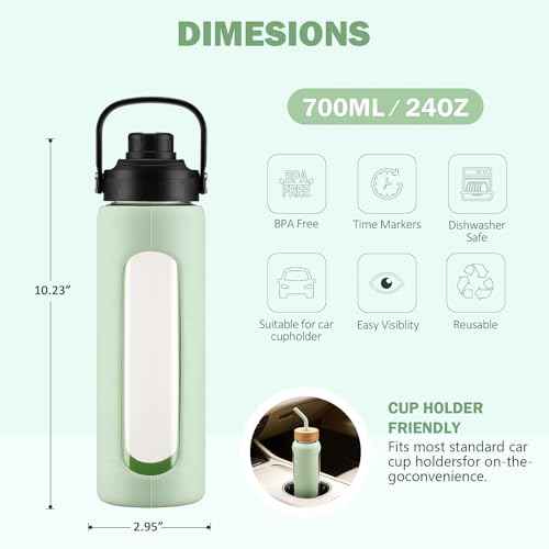 24 oz Glass Water Bottle with Straw and 2 Lids