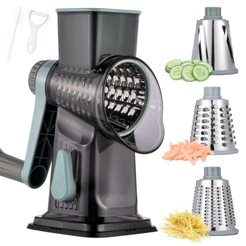 Rotary Cheese Grater with Handle Kitchen Shredder Slicer Grater Slicer Ice Shaver Cheese Vegetable Nuts Potato Zucchini Chocolate 3 Interchangeable Blades