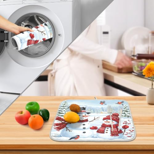 Winter Christmas Snowman Dish Drying Mat for Kitchen Counter Absorbent Microfiber Small Drying Pad Dish Mats Snowflakes for Kitchen Countertops 16 x 18 Inch