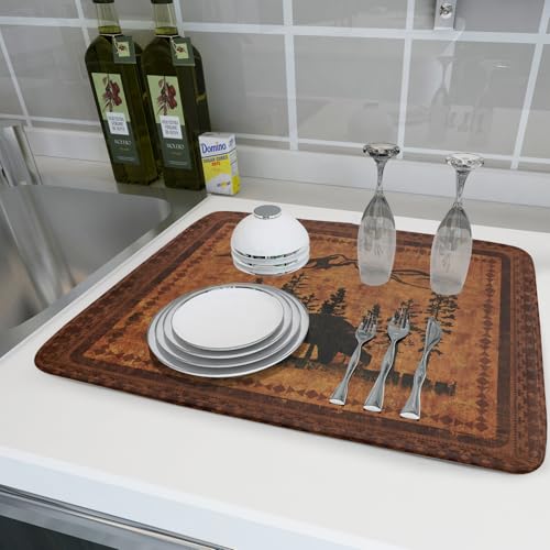 Forest Bear Dish Drying Mat 18x24 Inch Rustic Cabin Washable Microfiber Absorbent Dishes Drainer Rack Pad for Kitchen Counter Home Decor