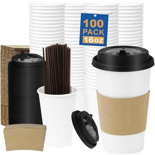 16 oz 100 Pack Coffee Cups with Lids and Sleeves (100 Count)