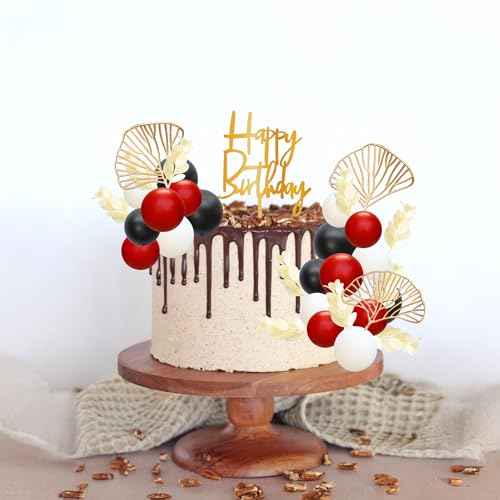 57Pcs Balls Cake Topper Boho Grass Cake topper Pearl Balls Acrylic Happy Birthday Cake Decorations for Wedding Baby Shower Birthday Boho Themed Party Supplies Black Red White (57 Count)