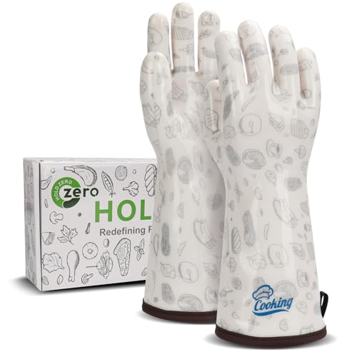 Heat Resistant Gloves Oven Hot Mitts with Fingers Silicone Oven Glove for Cooking Baking Grilling BBQ Cute Print White Large