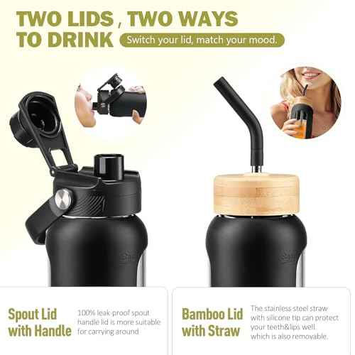 24 oz Glass Water Bottle with Straw and 2 Lids