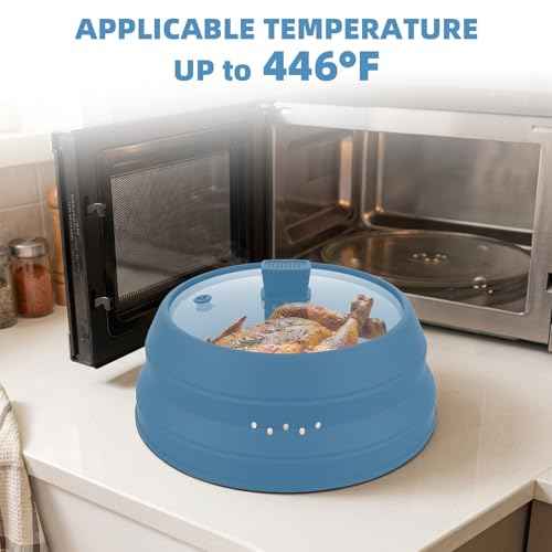 Tall Microwave Splatter Cover Glass Cover Guard Lid 6 inch Height with Collapsible Silicone for Food Pot Plate 12.5 inch Blue