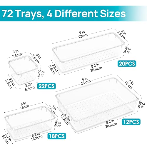 72 PCS Clear Plastic Drawer Organizers Set (72 Count)