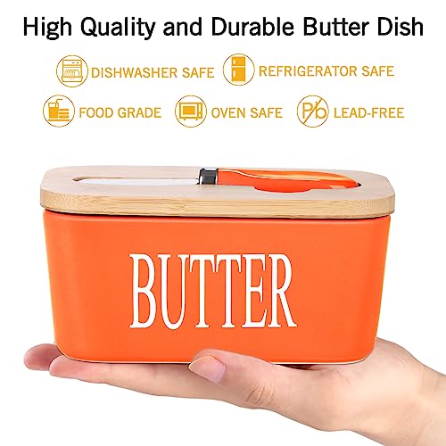 Ceramic Butter Dish with Bamboo Lid and Stainless Steel Knife Spreader