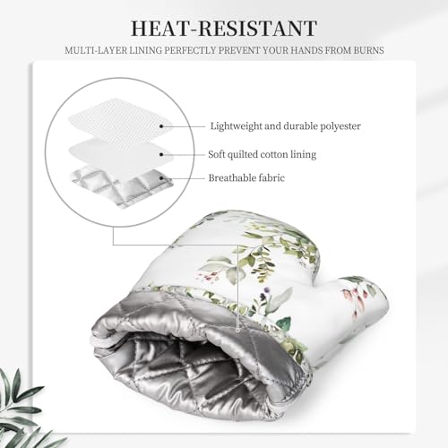 Sage Green Eucalyptus Oven Mitts and Pot Holders Sets Silicone Watercolor Butterfly Leaves Kitchen Mitts Potholders Heat Resistant 4Pcs Oven Gloves Hot Pads for Kitchen Baking Cooking (4 Count)