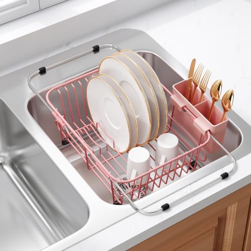 Pink Dish Drying Rack in Sink with Utensil Holder