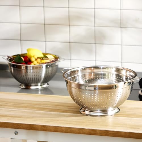 2 Pack 5 Quart Heavy Duty Stainless Steel Colander with Footed Base and Handles Pasta Spaghetti Berry Fruit Vegetable Kitchen Food Strainer Basket (2 Count)