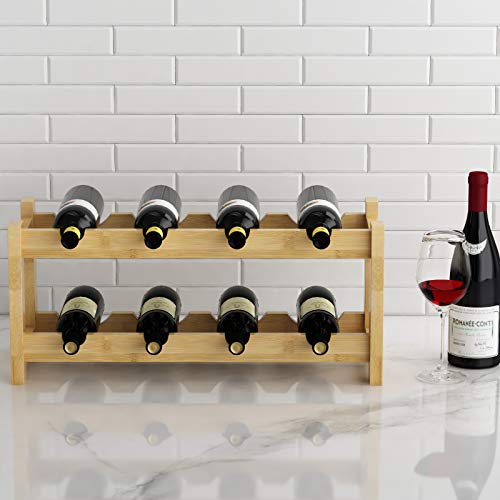 Wine Rack Freestanding 8 Bottle 2 Tier Bamboo Wine Racks Countertop Cabinet Wine Holder Wine Storage Shelf for Kitchen
