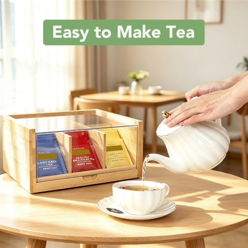 Bamboo Tea Bag Organizer Storage Box with 6 Compartments