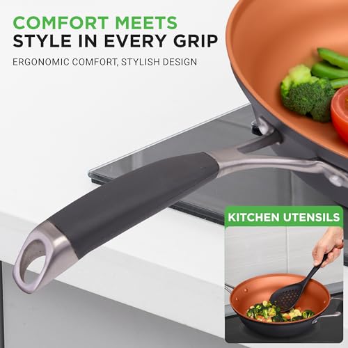 14-Piece Non-Stick Pots and Pans Set - Induction Ready Multi-Sized Cooking Pots with Lids, Small and Medium Frying Pans with Slotted Spatula, Pasta Server, Soup Ladle, Silicone Handles