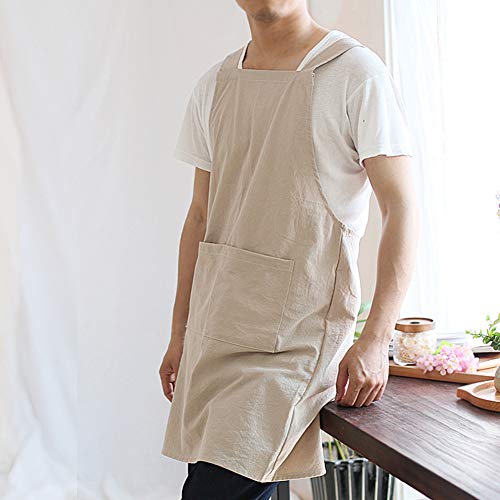 Japanese Linen Cross Back Kitchen Cooking Aprons for Men with Pockets for Baking Painting Gardening Cleaning Khaki