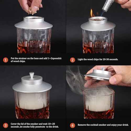 Silver Cocktail Smoker Kit with Torch Metal Bourbon Whiskey Smoker Kits Metal Old Fashioned Drink 4 Wood Chips Valentines Anniversary Birthday Gifts for Men (7 Count)