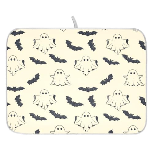 Halloween Spooky Ghost Bats Dish Drying Mat for Kitchen Counter Absorbent Microfiber Small Drying Pad Dish mats for Kitchen Countertops 16 x 18 Inch