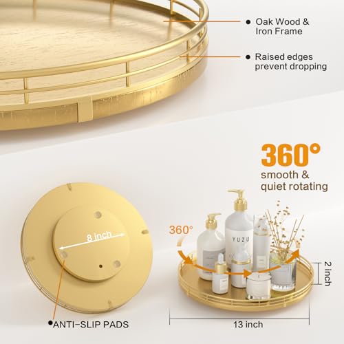 13 Inch Oak Lazy Susan Decorative Tray with Gold Metal Rail