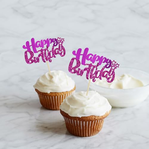 24Pcs Happy Birthday Cupcake Toppers Double Layer Glitter Happy Birthday Cake Decorations for Celebrating Baby Shower Theme Kids Boys Girls Anniversary Party Decorations Supplies Purple (24 Count)