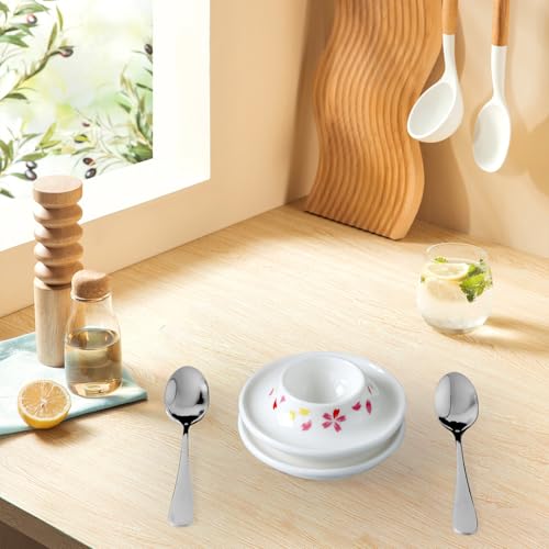 Ceramic Sakura Egg Holder Set of 2 Porcelain Holder With 2 Stainless Steels Egg Spoons Breakfast Boiled Cooking Easy to Clean Childhood Memories Kitchen