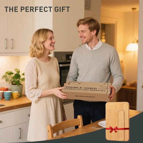 2 Packs Natural Wood Cutting Board Set Non Toxic Bamboo Cutting Boards with Juice Groove Wooden Chopping Board Ideal Charcuterie for Meat Fruit Vegetables Cheese Hardwood Kitchen Counter Kit (2 Count)