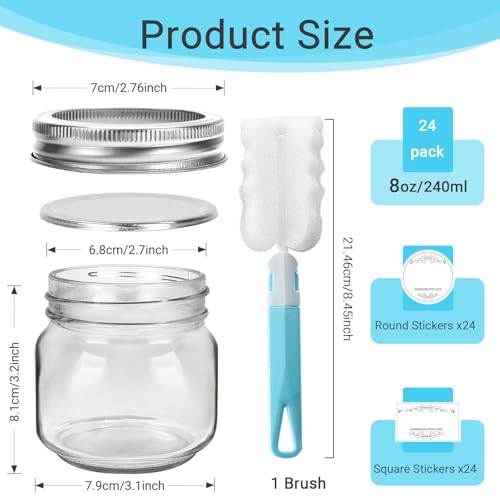 24 Pack 8 oz Clear Glass Mason Jars with Silver Metal Split Lids (24 Count)