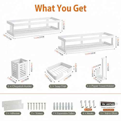 5-in-1 Shower Caddy & Kitchen Organizer Set, Wall Mount Wide Spice Rack with Paper Towel Holder, Utensil Holder, Soap Dish, Rustproof Mesh Baskets Hold 50LBS - White, Guardrail