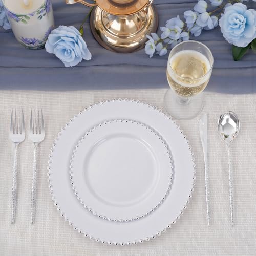 100pcs White Plastic Plates with Silver Beads for Bridal Showers (100 Count)