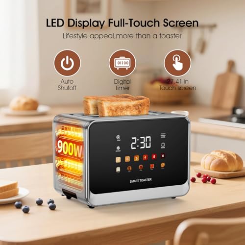 Toaster Touch Screen Toaster 2 Slice with LCD Display Stainless Steel Digital Timer Toasters 6 Bread Types& 6 Shade Settings Smart Extra Wide Slots Tostadora With Bagel Cancel