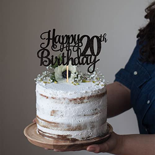 1 PCS Happy 20th Birthday Cake Topper Glitter Cheers to 20 Years Birthday Cake Pick Twenty 20 Fabulous Cake Decoration for Happy 20th Birthday Theme Party Decorations Supplies Black