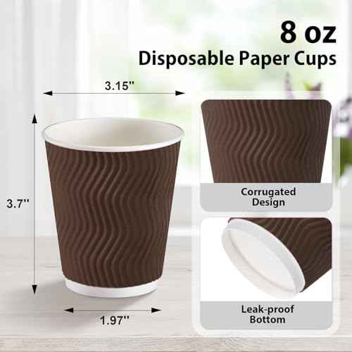 150 Pack 8 oz Disposable Paper Coffee Cups Insulated Brown (150 Count)