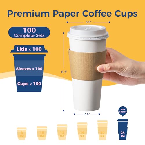 100 Pack 24 oz Disposable Coffee Cups with Lids (100 Count)