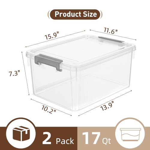 17 QT Plastic Storage Bins with Latching Lids Stackable Storage Containers for Organizing Large Clear Storage Box for Garage (2 Count)