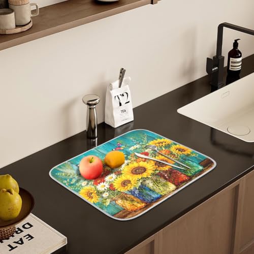 Spring Summer Floral Jar Dish Drying Mat for Kitchen Counter Absorbent Microfiber Small Drying Pad Dish mats for Kitchen Countertops 16 x 18 Inch