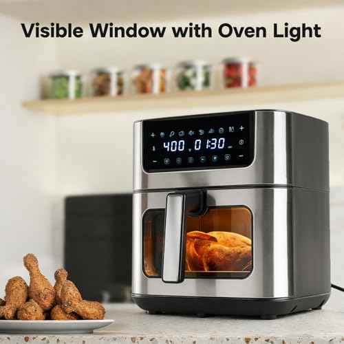 8-in-1 Air Fryer 6.34 Qt, Digital Preset Airfryer with Visible Window, Nonstick and Dishwasher-Safe Basket, Air Fry, Chicken, Pizza, Dehydrate, Fries, 90-Min Timer, 1700W, Gray