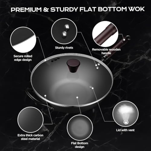 Wok 13 Inch carbon steel wok pan with steamer & stir