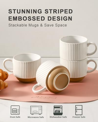 15 oz Ribbed Stackable Ceramic Coffee Mug Set of 4 (4 Count)