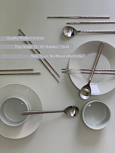 Korean Made Silver Glossy Hammered Stainless Steel Korean Spoon & Chopstick SET Gift for Mom Stocking Stuffer