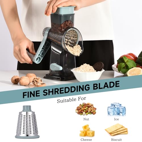 Rotary Cheese Grater with Handle Kitchen Shredder Slicer Grater Slicer Ice Shaver Cheese Vegetable Nuts Potato Zucchini Chocolate 3 Interchangeable Blades