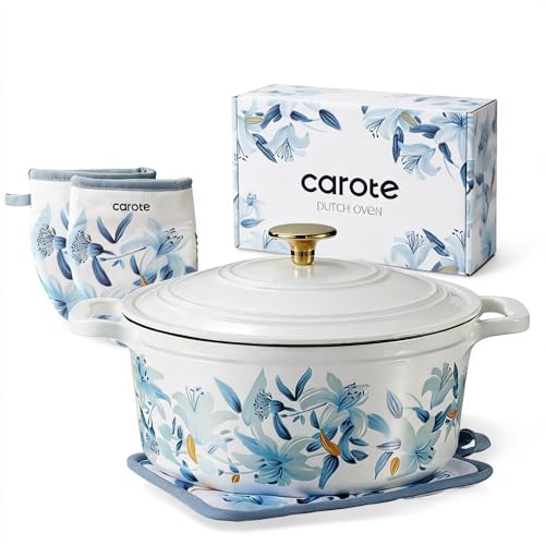 5QT Enameled Floral Cast Iron Dutch Oven Pot with Lid