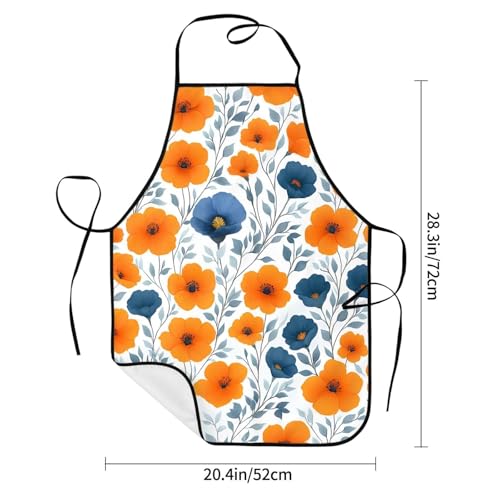 Burnt Orange and Blue Floral Waterproof Kitchen Aprons Polyester Chef Bib Apron with Pockets for Women Men