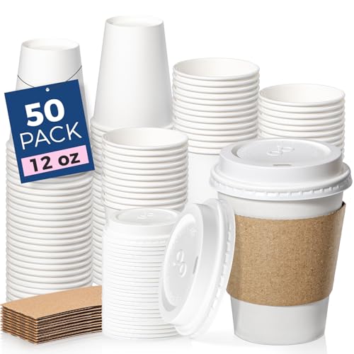 50 Pack 12 oz Disposable Coffee Cups with Lids (50 Count)
